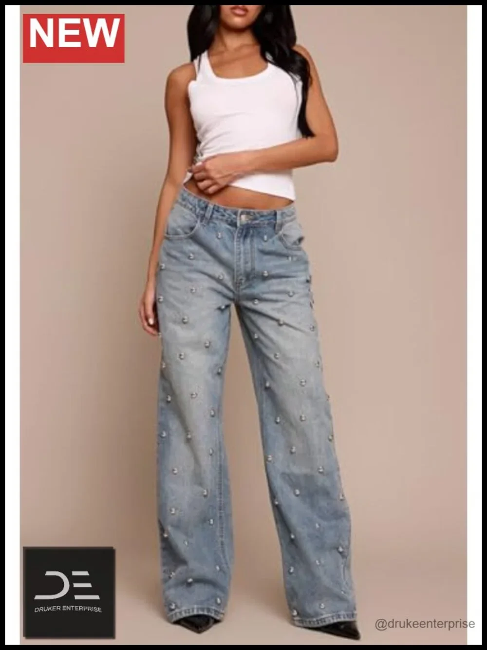 Women Sparkly Wide Leg Glitter Jeans High Waist Dome Stud Pants
